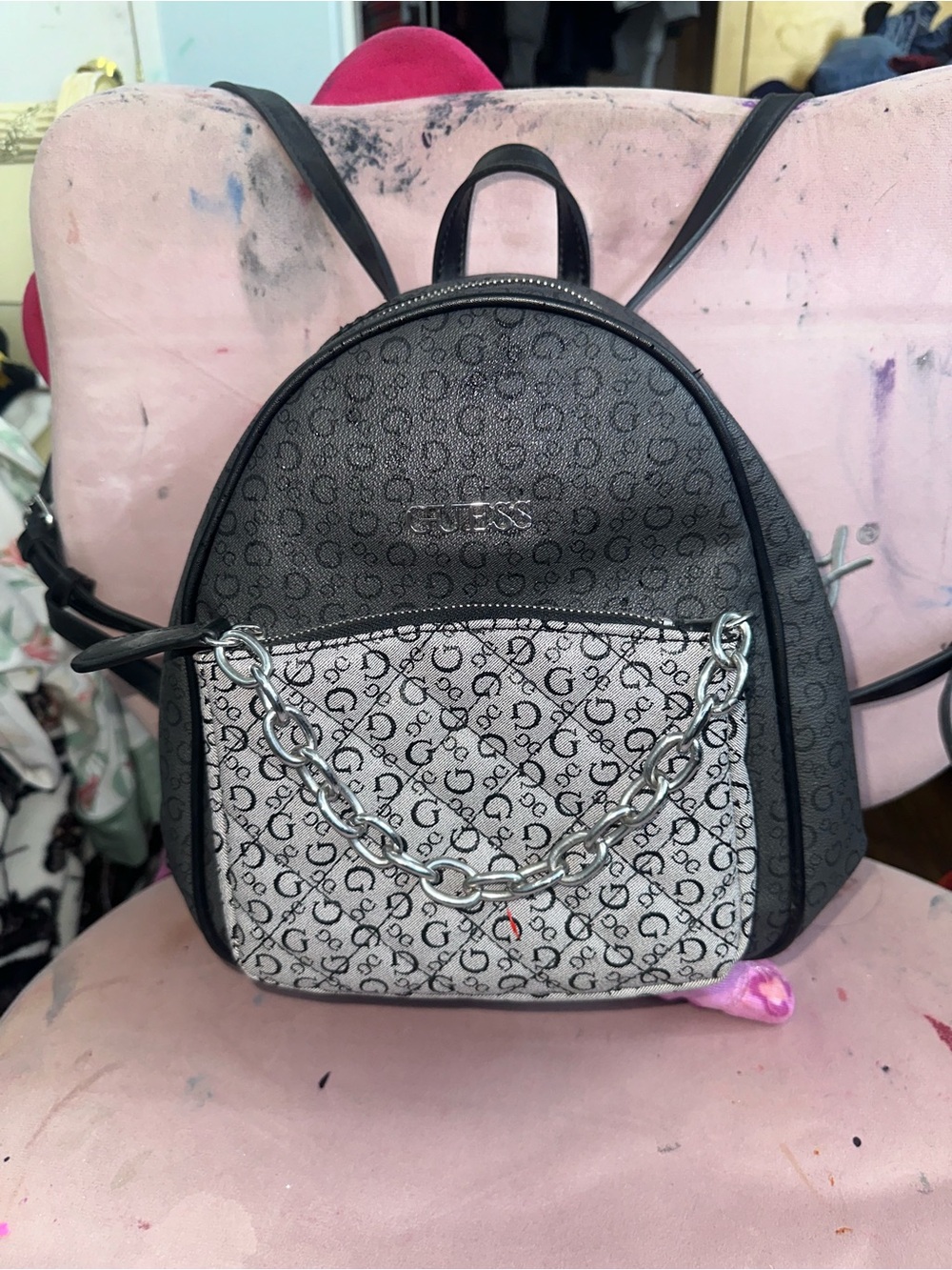 GUESS Black and White Logo Chain Accent Mini Backpack